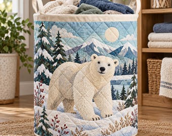Polar Bear Quilted Laundry Basket, Arctic Wildlife Mountain Toy Hamper, Winter Nursery Blanket Storage Bin, Collapsible Fabric Bag