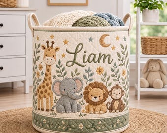 Personalized Safari Nursery Quilt Laundry Basket, Jungle Animal Baby Hamper, Custom Name Lion Giraffe Bin, Fabric Toddler Toy Organizer Bag