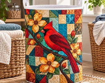 Red Cardinal Quilted Laundry Basket, Stained Glass Patchwork Hamper, Memorial Nature Lover Blanket Bin, Collapsible Fabric Storage Bag