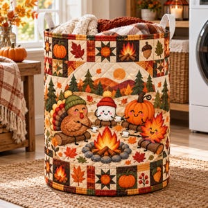 May include: A cylindrical fabric laundry hamper featuring a quilted autumn-themed pattern with a turkey, a marshmallow, a pumpkin, and a maple leaf roasting marshmallows over a campfire, surrounded by pine trees, pumpkins, and fall foliage.