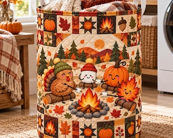 Autumn Campfire Quilted Laundry Basket, Turkey Marshmallow Pumpkin Roast Hamper, Cozy Fall Blanket Toy Bin, Collapsible Fabric Bag