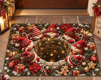 3D Christmas Gnome Wishing Well Doormat, Optical Illusion Tomte Wreath Rug, Holiday Winter Porch Decor, Non Slip Rubber Welcome Mat