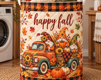 Happy Fall Gnome Quilted Laundry Basket, Vintage Truck Pumpkin Sunflower Hamper, Farmhouse Blanket Storage Bin, Collapsible Fabric Bag