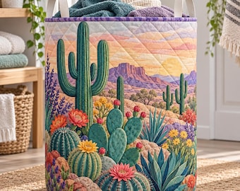 Desert Cactus Quilted Laundry Basket, Southwestern Saguaro Sunset Hamper, Boho Western Bathroom Storage Bin, Collapsible Fabric Bag