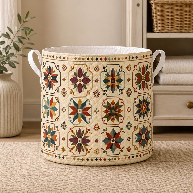 May include: A cylindrical quilted storage basket featuring a cream-colored base with a repeating geometric star pattern in shades of red, blue, green, and purple. The basket includes two white side handles and a white interior lining.