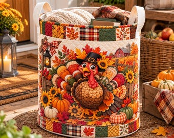 Thanksgiving Turkey Quilt Laundry Basket, Harvest Barn Pumpkin Patchwork Hamper, Fall Blanket Storage Bin, Collapsible Fabric Bag