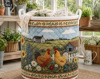Country Rooster Quilt Laundry Basket, Sunflower Farmhouse Hamper, Rustic Chicken Fabric Storage Bin, Rural Landscape Toy Organizer Bag