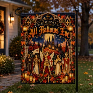 May include: A rectangular garden flag featuring the text Celebrate All Hallows' Eve. The design displays a central winged figure in armor holding a sword and shield, flanked by four religious figures. The scene is framed by autumn leaves, lanterns, and a gothic castle silhouette under a full moon.