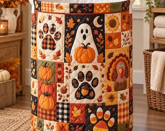 Fall Patchwork Quilt Laundry Basket, Halloween Ghost Turkey Paw Print Hamper, Thanksgiving Blanket Storage Bin, Collapsible Fabric Bag