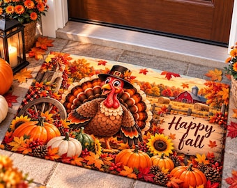 Thanksgiving Turkey Fall Doormat, Pilgrim Turkey Red Barn Pumpkin Farm Rug, Autumn Harvest Porch Decor, Non Slip Welcome Mat