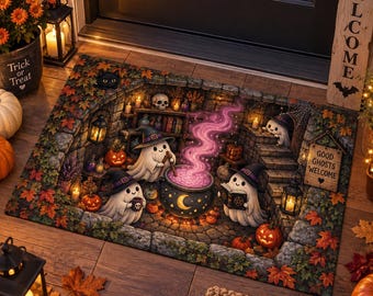 Cute Witch Ghost Cauldron Doormat, Good Ghosts Welcome Potion Cellar 3D Rug, Spooky Fall Porch Decor, Non Slip Halloween Floor Mat
