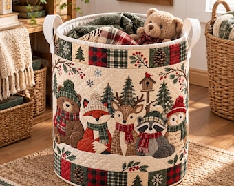 Winter Woodland Quilt Laundry Basket, Bear Fox Deer Scarf Toy Hamper, Christmas Nursery Blanket Storage Bin, Collapsible Fabric Bag