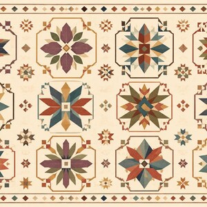 May include: A rectangular quilt featuring a cream-colored background with a repeating pattern of twelve distinct star-shaped blocks in shades of muted red, blue, green, and brown, enclosed by a decorative border of small diamonds and stars.