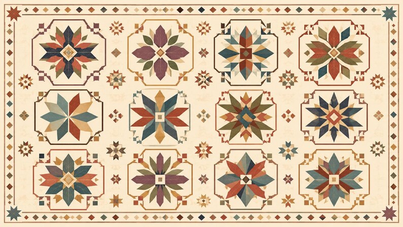 May include: A rectangular quilt featuring a cream-colored background with a repeating pattern of twelve distinct star-shaped blocks in shades of muted red, blue, green, and brown, enclosed by a decorative border of small diamonds and stars.