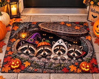 Cute Raccoon Halloween Doormat, Trash Panda Costumes Manhole Cover Rug, Fall Trick or Treat Porch Decor, Non Slip Welcome Floor Mat