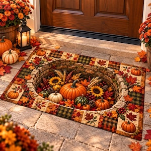 May include: A rectangular doormat featuring a 3D-style print of a stone-lined pit filled with orange pumpkins, yellow sunflowers, wheat stalks, and pinecones. The border displays a patchwork pattern of plaid squares and autumn maple leaves.