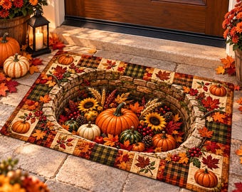 3D Fall Harvest Well Doormat, Optical Illusion Stone Pit Pumpkin Rug, Thanksgiving Autumn Porch Decor, Non Slip Patchwork Floor Mat