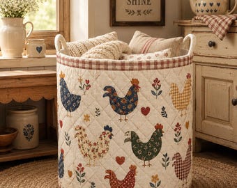 Folk Art Chicken Quilt Laundry Basket, Country Farmhouse Hen Hamper, Rustic Cream Fabric Storage Bin, Red Gingham Trim Toy Bag