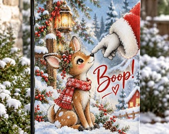 Santa Boop Reindeer Garden Flag, Cute Baby Fawn Lantern Banner, Christmas Holiday Lawn Yard Decor, Double Sided Polyester Sign