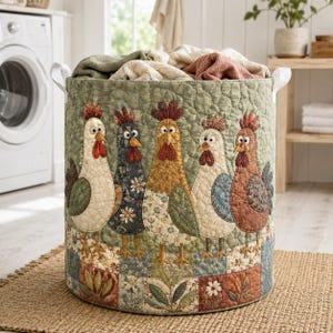 May include: A cylindrical fabric laundry hamper with a quilted sage green background featuring five appliqued chickens in various colors and patterns. The base has a patchwork floral design, and the top includes two white side handles.