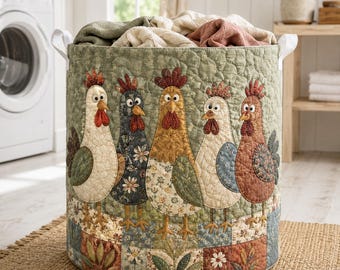 Farmhouse Chicken Quilt Laundry Basket, Whimsical Hen Theme Laundry Hamper, Rustic Country Fabric Storage Bin, Patterned Bird Toy Bag