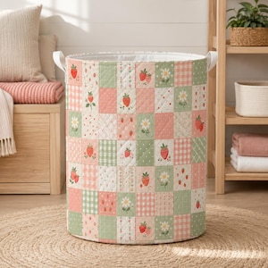 Strawberry Patchwork Floral Quilted Laundry Basket, Personalized Girl Nursery Storage, New Mom Keepsake Gift, Laundry Bag, Hamper