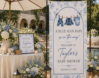 A Blue Jean Baby Is On The Way Denim Theme Welcome Banner, Custom Boy Baby Shower Sign, Personalized Backdrop, Fabric Banner
