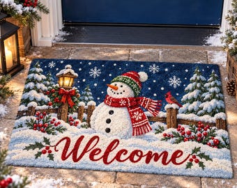 Snowman Winter Welcome Doormat, Rustic Cardinal Lantern Pine Rug, Christmas Holiday Front Porch Decor, Non Slip Entryway Floor Mat
