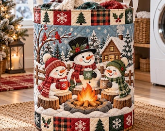 Winter Snowman Quilted Laundry Basket, Campfire Cocoa Snowy Village Hamper, Christmas Blanket Storage Bin, Collapsible Fabric Bag