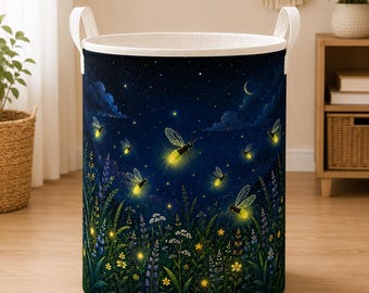Whimsical Firefly Night Meadow Quilted Laundry Basket, Personalized Nursery Storage Bin, Custom Nature Gift, Hamper, Organizer, Home Decor
