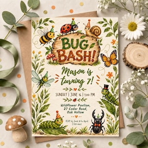 May include: A rectangular party invitation card featuring a wooden sign with the text BUG BASH! surrounded by illustrations of a bee, ladybug, snail, butterfly, dragonfly, caterpillar, grasshopper, and beetle, all wearing party hats.