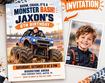 May include: A monster truck birthday invitation featuring a blue truck, a photo of a child, and text reading BOOM, CRASH, IT'S A MONSTER BASH! JAXON'S 6TH BIRTHDAY, SATURDAY, OCTOBER 17 AT 3 PM, RIVERSTONE ARENA, 2450 PARKWAY DRIVE, AUSTIN, TX, RSVP TO EMILY AT 555-013-2026.