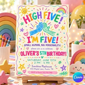 May include: A rectangular birthday invitation card with a cream background, featuring colorful crayon-style drawings of a sun, rainbow, stars, hearts, and two hands high-fiving. Text reads: HIGH FIVE! I'M FIVE! SMALL HUMAN, BIG PERSONALITY! OLIVER'S 5TH BIRTHDAY! SATURDAY, JUNE 12TH, 2 PM - 4 PM, Sunshine Playhouse, 456 Maple Lane, Austin, TX. RSVP to Emma: 512-555-0148.
