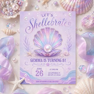May include: A rectangular birthday invitation card in shades of lavender and purple. The text reads LET'S SHELLEBRATE, GEMMA IS TURNING 8, JUNE 26, AT FOUR PM, 123 ANYWHERE ST, ANY CITY, ST 12345, and RSVP TO ANYONE AT XXX.XXX.XXXX. Features a central iridescent seashell with a pearl.