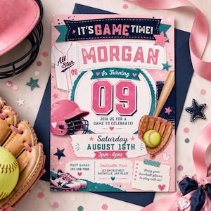 May include: A pink and navy blue baseball-themed birthday invitation card featuring the text IT'S GAME TIME, MORGAN IS TURNING 09, and details for Saturday August 16th at 2pm-4pm. The design includes a baseball jersey, helmet, glove, and ball.