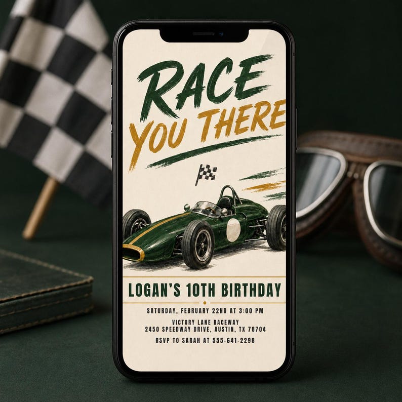 Smartphone Car Racing Vintage Race Car Birthday Invitation, Editable Racing Party Template ...