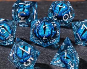 Blue Dragon Eye Resin Dice Set, 7pc Sharp Edge DND Dice, D&D Tabletop RPG Gift