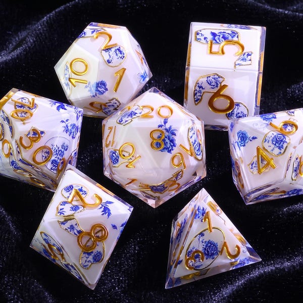 Juego de dados florales de porcelana azul para D&D, 7 dados de resina para juegos de rol.