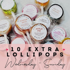 May include: A collection of ten individually wrapped round lollipops in various colors and flavors, each featuring a white circular label with the text Lick Smile Repeat and specific flavor names like Salted Caramel, Apple Pie, and Pumpkin Spice.