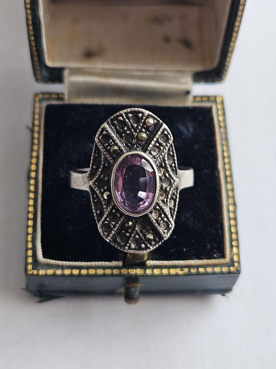 Vintage 925 Sterling Silver Marcasite & Purple Gemstone Ring | Art Deco Style Oval Statement Ring | UK P US 7.75 EU 56 | 7.25g