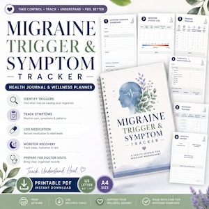 Op de afbeelding: Een spiraalgebonden Migraine Trigger & Symptom Tracker gezondheidsdagboek met een blauw aquarel silhouet van een hoofd en bladeren. Bevat zes interne paginalay-outs voor het bijhouden van symptomen, medicatie en maandelijkse overzichten in A4-formaat.