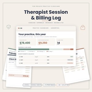 Op de afbeelding: Een digitaal sjabloon voor therapiesessies en facturatie voor therapeuten in een privépraktijk. De interface toont een dashboard met financiële overzichten, verzekeringsclaims en betalingslogs, naast voorbeelden van printbare documenten.