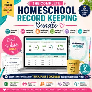 Op de afbeelding: Een digitaal homeschool-registratiepakket met een laptop die voortgangsdashboards toont, een spiraalgebonden planner en printbare logboeken. De tekst bevat The Complete Homeschool Record Keeping Bundle en Organized Mom Happy Kids.