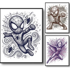 Peut inclure: Trois impressions d'art encadrées présentant des illustrations stylisées de personnages sur le thème de l'araignée. La grande impression montre un personnage en costume tissé avec des araignées, tandis que les petites montrent des poses dynamiques.