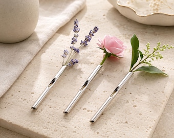 Minimalist Silver Metal Boutonniere Vase Brooch, Wearable Flower Holder Lapel Pin