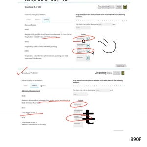 Puede incluir: Una interfaz de examen de enfermería digital que muestra dos pantallas con preguntas clínicas sobre un recién nacido. El texto incluye un peso de 4200 g, 9 lb 4 oz, un perímetro cefálico de 35,5 cm, 14 in, frecuencias respiratorias y puntuaciones Apgar.