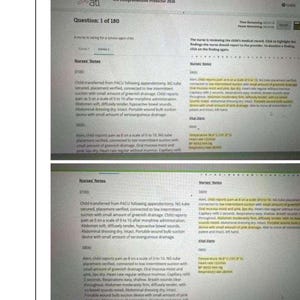 May include: A digital screen displaying an ATI RN Comprehensive Predictor 2026 nursing exam question. The interface shows clinical data including Nurses' Notes at 0100 and 0800, vital signs, and patient assessment details regarding a post-appendectomy child.
