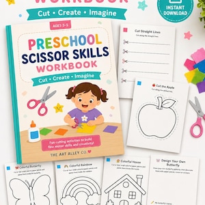 Könnte beinhalten: Ein Arbeitsheft für Vorschulkinder zum Schneiden mit einem Cover, das ein bastelndes Kind zeigt, sowie ausdruckbare Übungsblätter mit Apfel, Schmetterling, Regenbogen und Haus. Das Heft enthält den Text: Preschool Scissor Skills Workbook, Ages 3-5, Cut Create Imagine, The Art Alley Co.