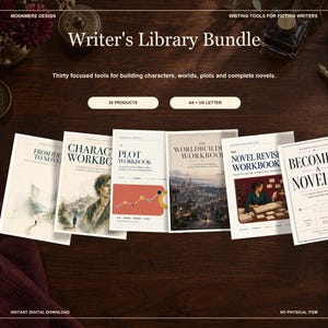 Può includere: Un pacchetto digitale Writer's Library Bundle con trenta strumenti per scrittori di narrativa. La collezione include quaderni di lavoro intitolati From Idea to Novel, Character Workbook, Plot Workbook, The Worldbuilder Workbook, The Novel Revision Workbook e Becoming a Novelist.