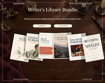 Może przedstawiać: Cyfrowy zestaw Writer's Library Bundle zawierający trzydzieści narzędzi dla pisarzy fikcji. Kolekcja obejmuje zeszyty ćwiczeń zatytułowane From Idea to Novel, Character Workbook, Plot Workbook, The Worldbuilder Workbook, The Novel Revision Workbook oraz Becoming a Novelist.
